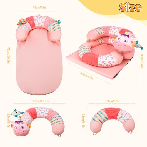 Blublu Park 3-in-1 Tummy Time Pillow and Seated Support Playmat with Detachable Early Sensory Toys for Infant, Sitting Support to Prevent Reflux, Portable Gifts for Newborn Boys and Girls (Rose) - Image 4