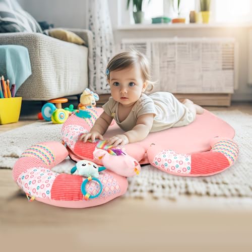 Blublu Park 3-in-1 Tummy Time Pillow and Seated Support Playmat with Detachable Early Sensory Toys for Infant, Sitting Support to Prevent Reflux, Portable Gifts for Newborn Boys and Girls (Rose) - Image 2