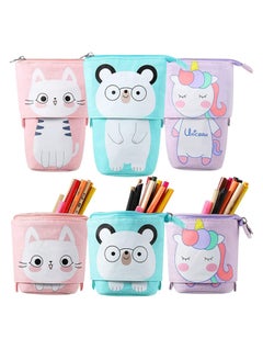 Y&D Telescopic Stand Up Pencil Case Box Transformer Store Holder Cute Cartoon Standing Pen Pouch Dual-Use Canvas Storage Stationery Bags for Teen Girls Boys 3 Pcs(Cat, Bear, Unicorn)  - Image 1