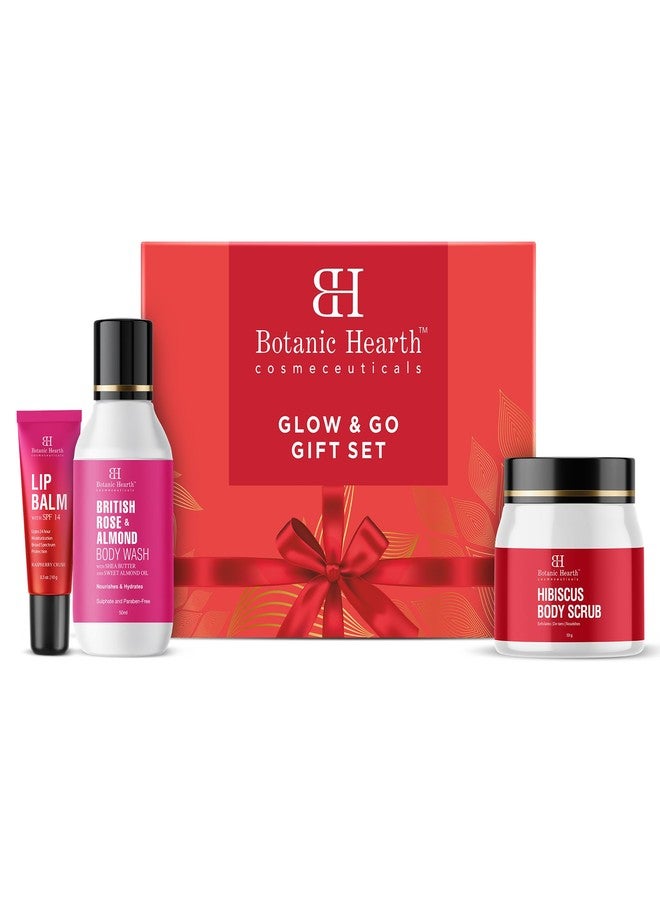 Botanic Hearth Gift Hamper | Hibiscus Body Scrub 60g + Raspberry Lip Balm 10g + British Rose Body Wash 50ml | Glow & Go Kit | Pampering Gift | Gift Set for Women | Gift Set for Birthday, Valentine's, Anniversary, Rakhi & Special Occasions | Special Edition | Pack of 3 - Image 1