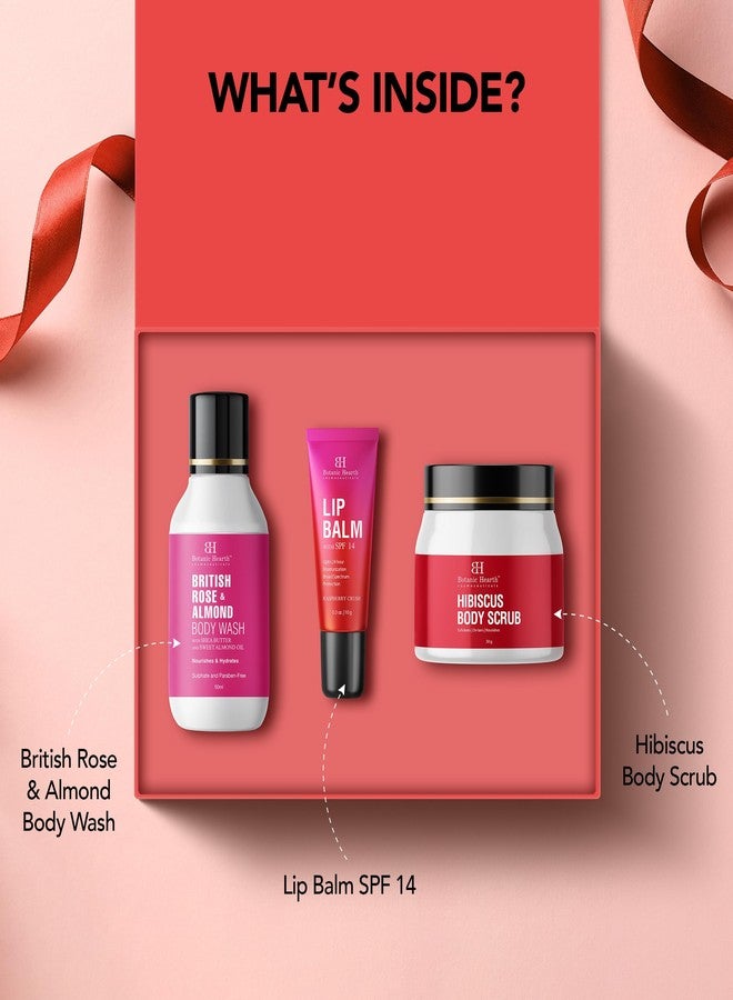 Botanic Hearth Gift Hamper | Hibiscus Body Scrub 60g + Raspberry Lip Balm 10g + British Rose Body Wash 50ml | Glow & Go Kit | Pampering Gift | Gift Set for Women | Gift Set for Birthday, Valentine's, Anniversary, Rakhi & Special Occasions | Special Edition | Pack of 3 - Image 4