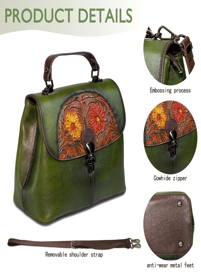 SHARPAD Genuine Leather Satchel for Women Top Handle Bags Handmade Purse Vintage Embossed Leather Crossbody Handbags Hobo Bag (Green-3), Green-3 - Image 4