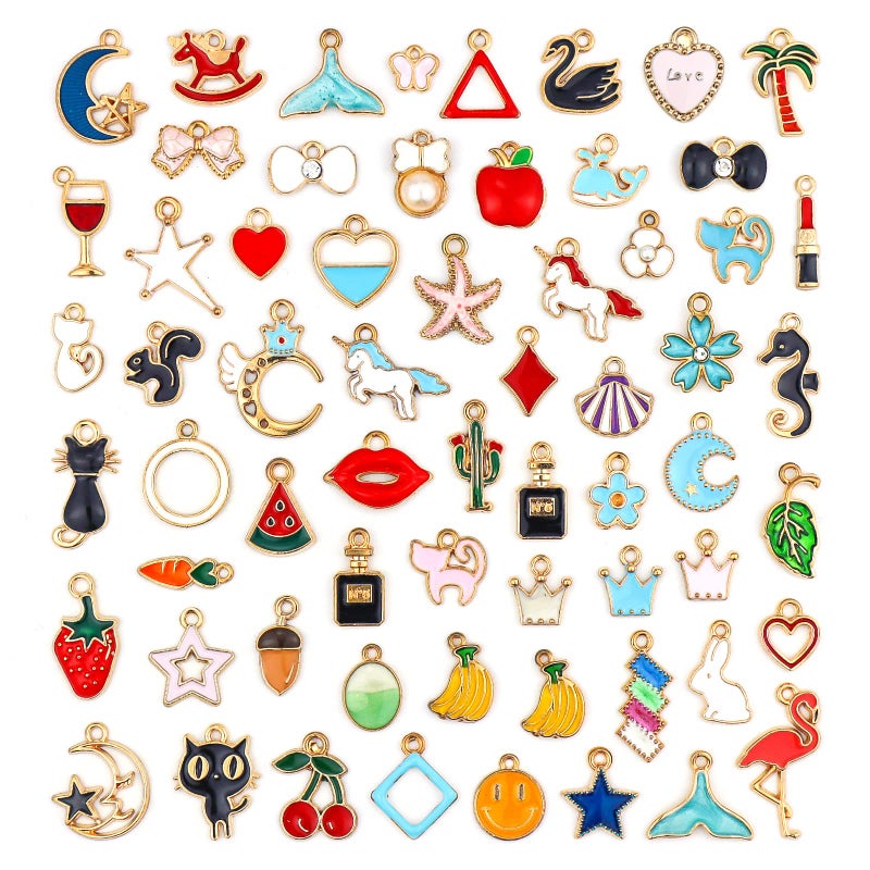 JIALEEY 60PCS Assorted Gold Plated Enamel Animal Moon Star Fruit Charm Pendant DIY for Necklace Bracelet Jewelry Making and Crafting - Image 1