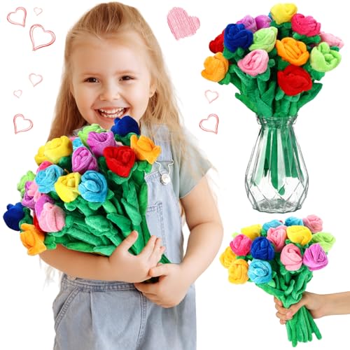 Deekin 36 Pcs Valentines Day Plush Rose Flower Bendable Stems Colorful Soft Rose Stuffed Flower Toy Fake Bendy Plush Bouquet Roses Valentine Bulk for Women Girlfriend Gift Graduation 126 - Image 1