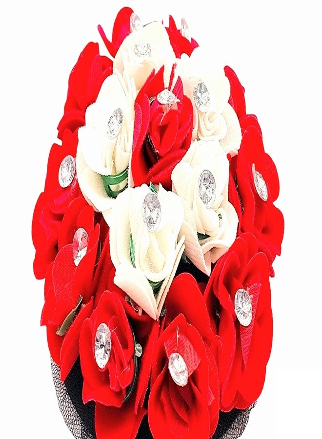 DIAN Red & White Full Bun Juda Maker Flower Gajra Hair Accessories, Artificial Juda Hair Accessories, Gajra Hair Accessories Rubber Band for Women and Girls, Flower Work Juda - Image 4