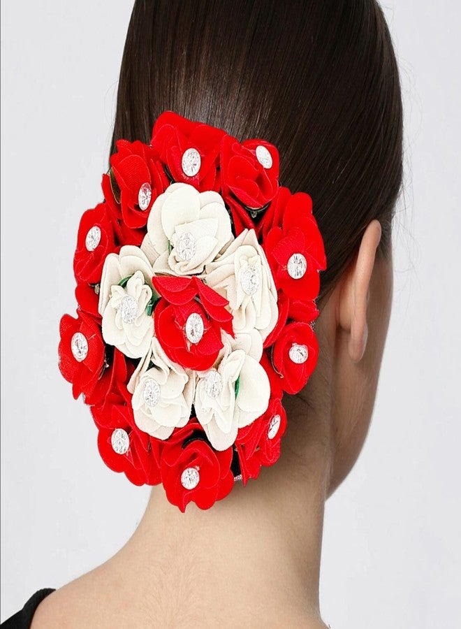 DIAN Red & White Full Bun Juda Maker Flower Gajra Hair Accessories, Artificial Juda Hair Accessories, Gajra Hair Accessories Rubber Band for Women and Girls, Flower Work Juda - Image 2