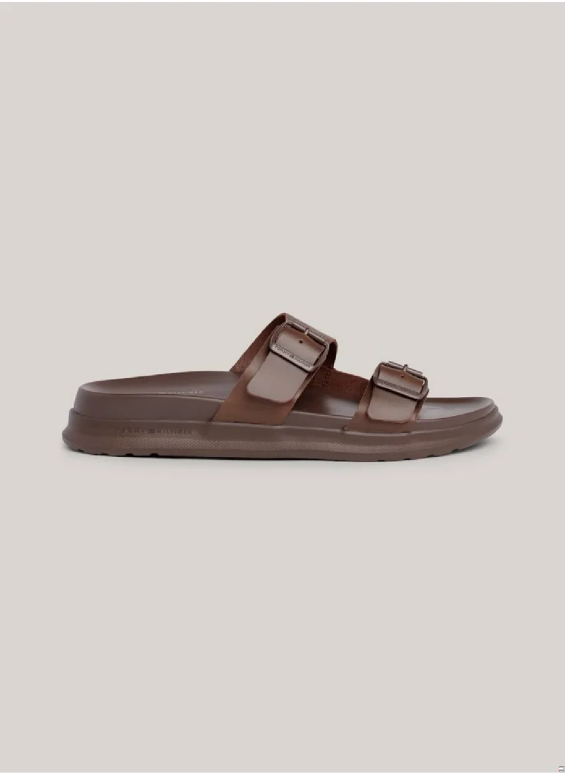 TOMMY HILFIGER Men's Leather Buckle Sandals/ Flip Flops -  Leather upper, Brown