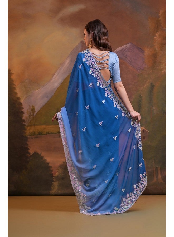 Granthi Enterprise Soft Georgette With Padding Sequence Cut Border Embroidered Saree With Unstitched Mono Banglori Matching Blouse Piece (Blue) - Image 5