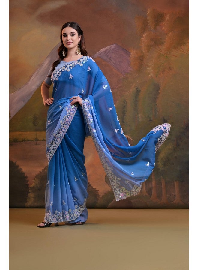Granthi Enterprise Soft Georgette With Padding Sequence Cut Border Embroidered Saree With Unstitched Mono Banglori Matching Blouse Piece (Blue) - Image 3