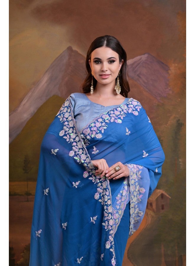 Granthi Enterprise Soft Georgette With Padding Sequence Cut Border Embroidered Saree With Unstitched Mono Banglori Matching Blouse Piece (Blue) - Image 2