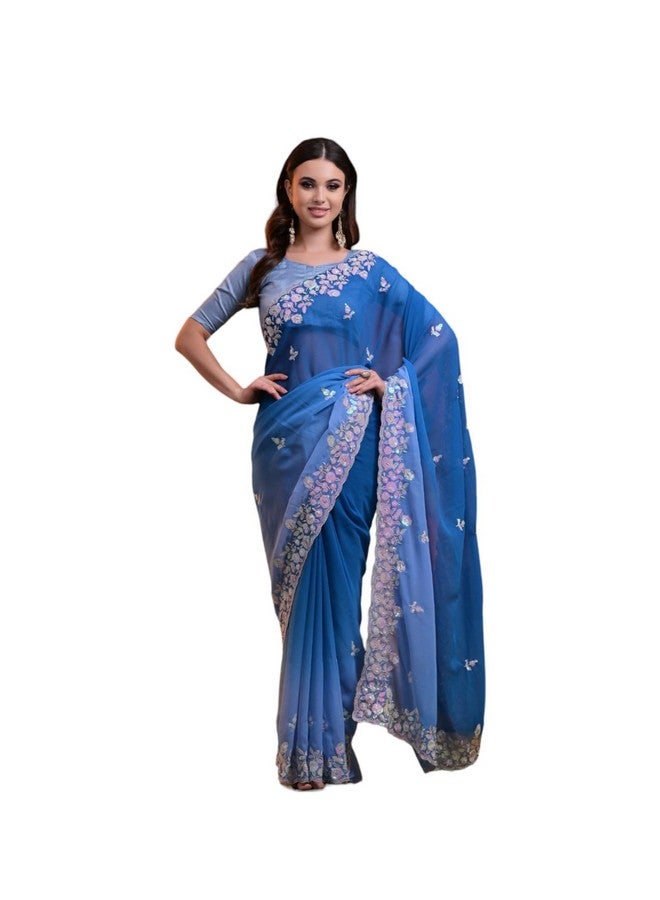 Granthi Enterprise Soft Georgette With Padding Sequence Cut Border Embroidered Saree With Unstitched Mono Banglori Matching Blouse Piece (Blue) - Image 1