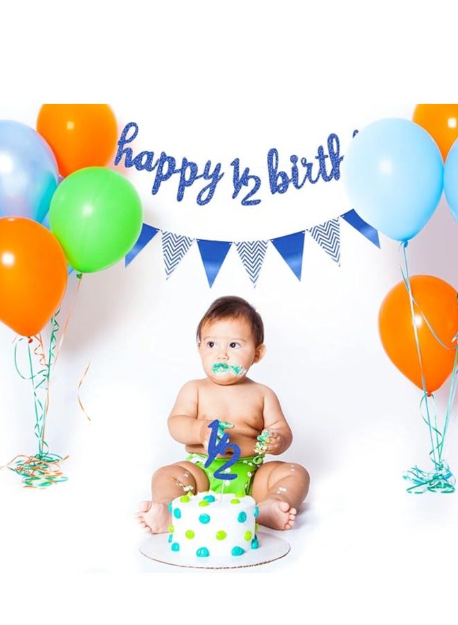 مجموعة زينة نصف عيد ميلاد مكونة من 3 قطع تتضمن لافتة عيد ميلاد سعيد لمدة 6 أشهر ونصف، وغطاء كعكة لامع لنصف عام ونصف، ولافتة علم مثلثة لحفل استقبال المولود الجديد، وحفلات التصوير الفوتوغرافي، مثبتة مسبقًا (أزرق داكن) - Image 5