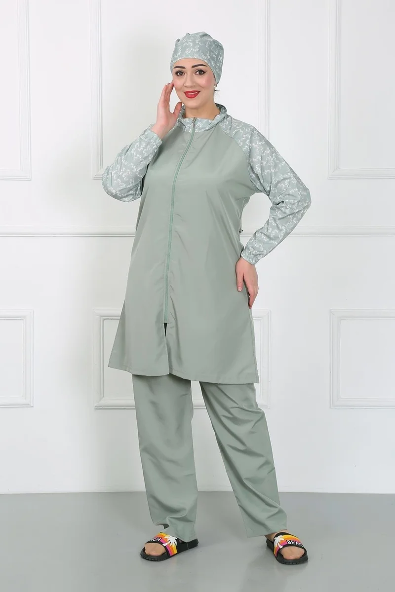 اكبينيز Large Size Patterned Hijab Swimsuit Water Green 44030