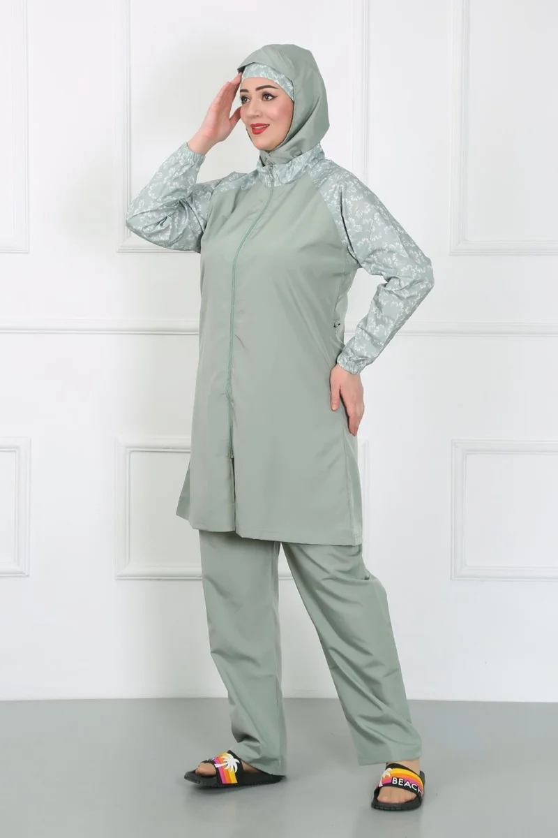 اكبينيز Large Size Patterned Hijab Swimsuit Water Green 44030