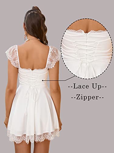 EYNMIN Women's Satin Lace Strap Mini Dress Square Neck Flowy A-Line Ruffle Swing Casual Short Dresses White S - Image 2