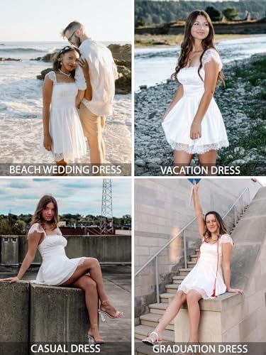 EYNMIN Women's Satin Lace Strap Mini Dress Square Neck Flowy A-Line Ruffle Swing Casual Short Dresses White S - Image 5