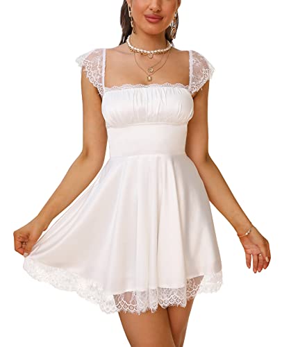 EYNMIN Women's Satin Lace Strap Mini Dress Square Neck Flowy A-Line Ruffle Swing Casual Short Dresses White S - Image 1