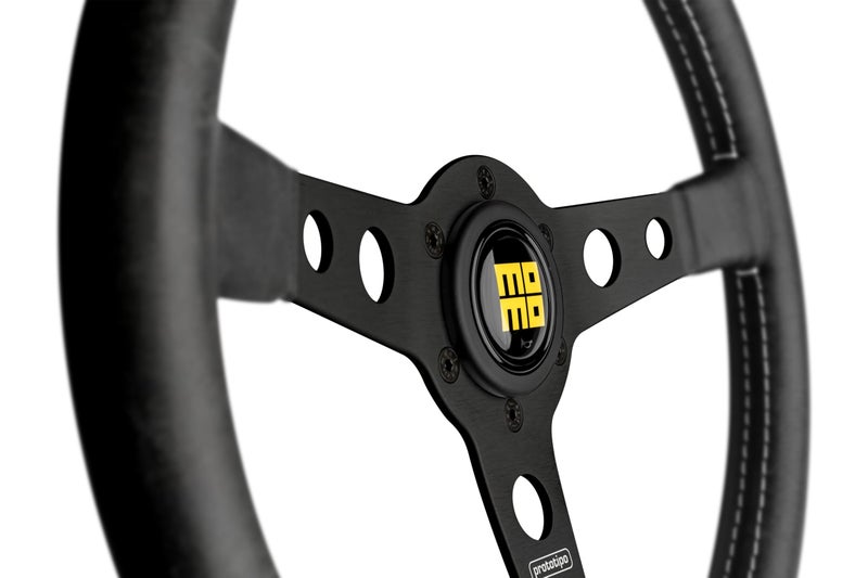 MOMO Motorsport Prototipo Heritage Steering Wheel Black Leather Grip Brushed Aluminum Spoke White Stitch 350mm - Image 4