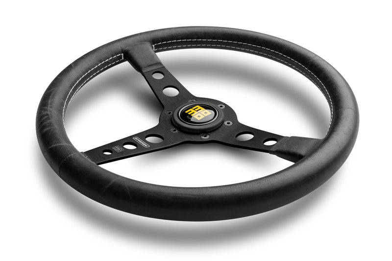 MOMO Motorsport Prototipo Heritage Steering Wheel Black Leather Grip Brushed Aluminum Spoke White Stitch 350mm - Image 3