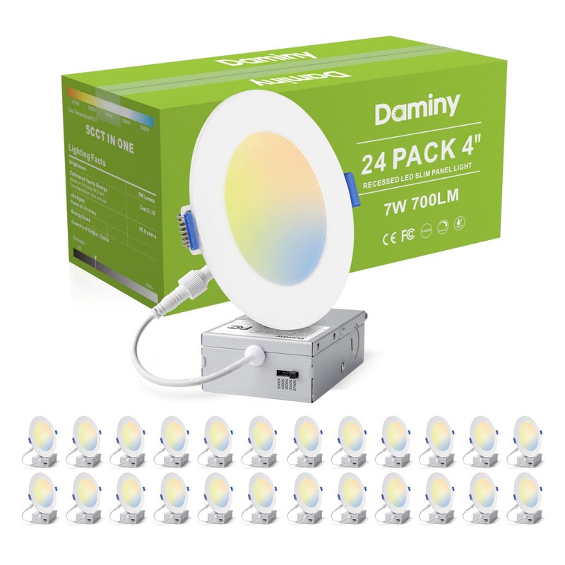 DAMINY 24 Pack 4 Inch LED Recessed Lighting with Junction Box,5CCT,Ultra-Thin Recessed Light,7W 700LM, Dimmable Canless Wafer Ceiling Light, High Brightness - Image 1