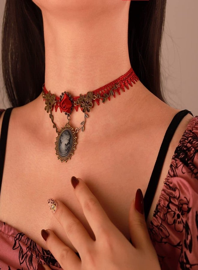 Wiwpar Red Lace Gothic Cameo Pendant Choker Necklace Crystal Red Rose Flower Lolita Goth Vintage Cameo Necklace for Sexy Lady Party Wedding Princess (Style4) - Image 4