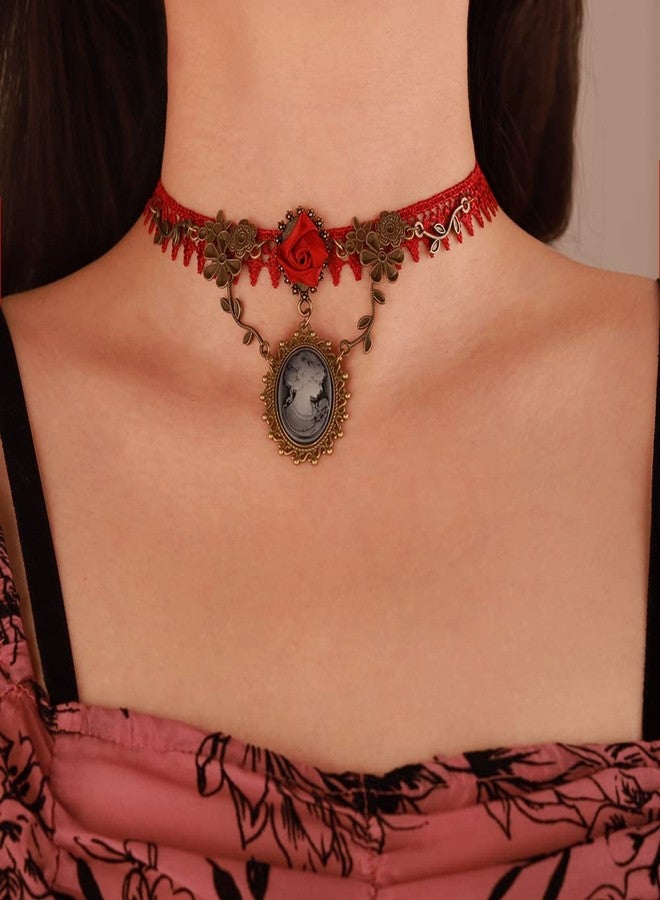 Wiwpar Red Lace Gothic Cameo Pendant Choker Necklace Crystal Red Rose Flower Lolita Goth Vintage Cameo Necklace for Sexy Lady Party Wedding Princess (Style4) - Image 3