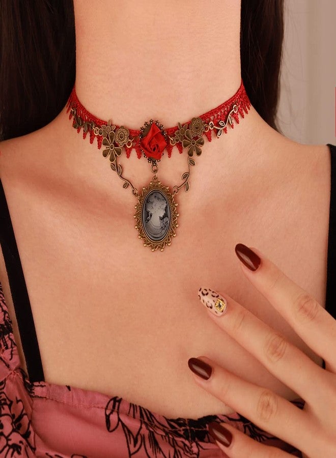 Wiwpar Red Lace Gothic Cameo Pendant Choker Necklace Crystal Red Rose Flower Lolita Goth Vintage Cameo Necklace for Sexy Lady Party Wedding Princess (Style4) - Image 2