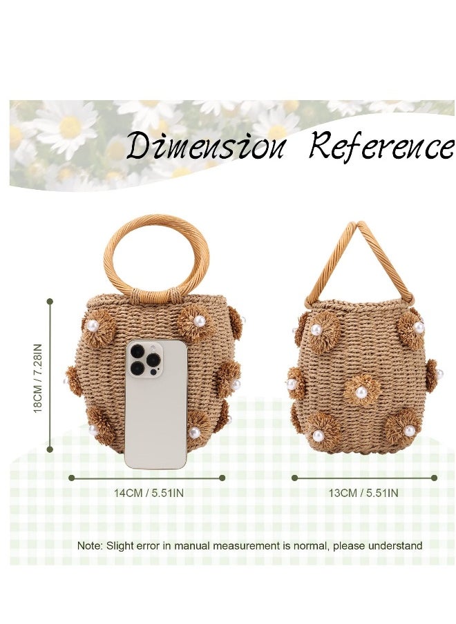 Loquat Straw Beach Bag for Women Summer Drawstring Woven Tote Bag Flower Pearls Bucket Handbags  - Image 1
