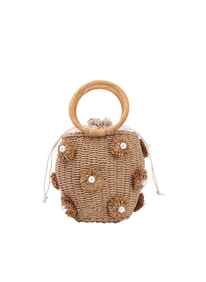 Loquat Straw Beach Bag for Women Summer Drawstring Woven Tote Bag Flower Pearls Bucket Handbags  - Image 2