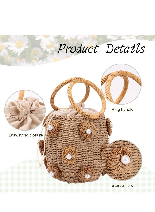 Loquat Straw Beach Bag for Women Summer Drawstring Woven Tote Bag Flower Pearls Bucket Handbags  - Image 3