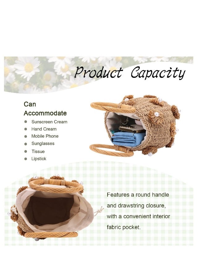 Loquat Straw Beach Bag for Women Summer Drawstring Woven Tote Bag Flower Pearls Bucket Handbags  - Image 5