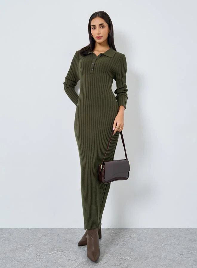 Styli Olive Green Ribbed Knit Maxi Dress