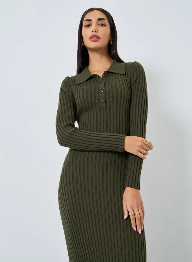 Styli Olive Green Ribbed Knit Maxi Dress