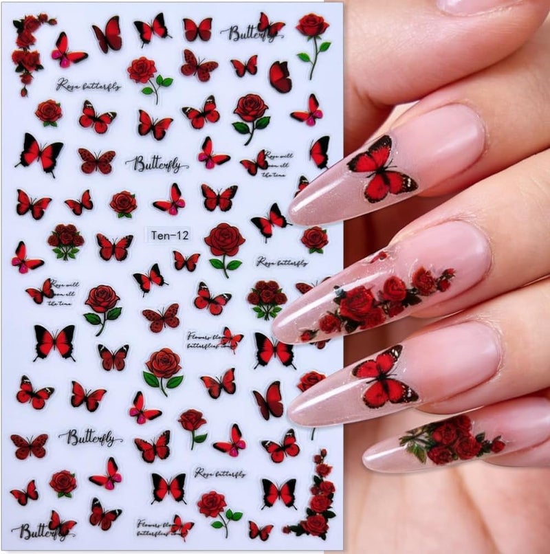 Maigitur 10Sheets Butterfly Nail Stickers Colorful Flower Nail Decals Blue Pink Purple Nail Designs Spring Summer Nails Supplies 3D Self-Adhesive Floral Nails Art Stickers for Women DIY Manicure - Image 3