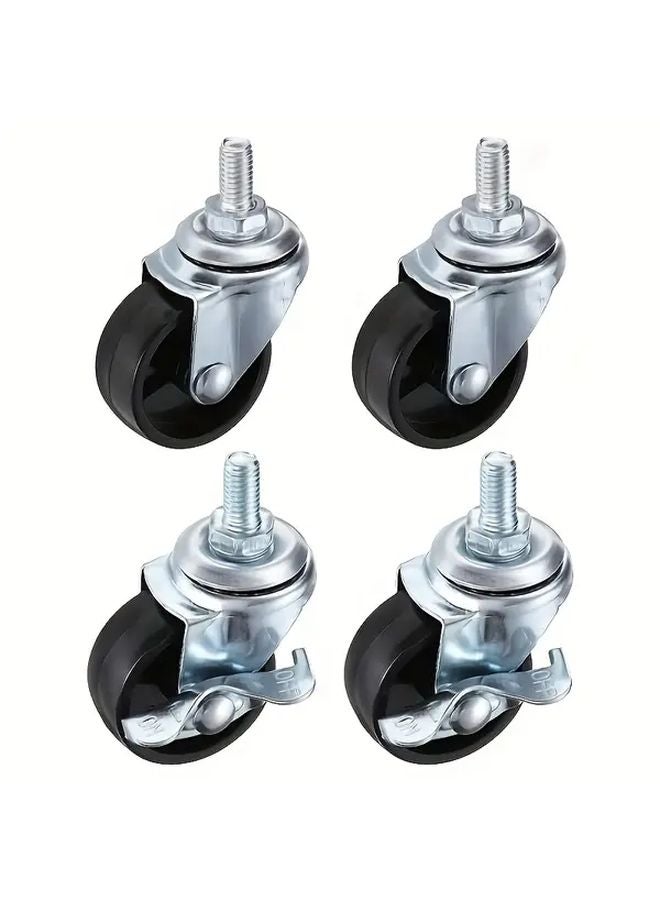 4 Pack Black Threaded Casters 2 With Brakes 2 Without For Furniture Cart - Image 1