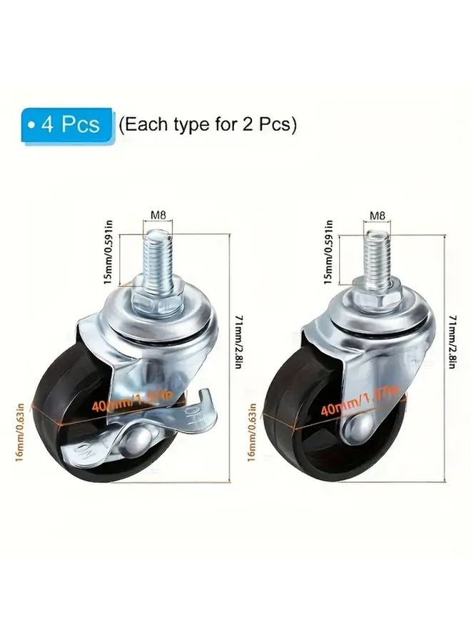 4 Pack Black Threaded Casters 2 With Brakes 2 Without For Furniture Cart - Image 3