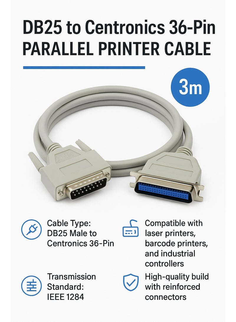 DB25 to Centronics 36-Pin Parallel Printer Cable – High-Quality IEEE1284 Cable – 3 Meter - Image 2
