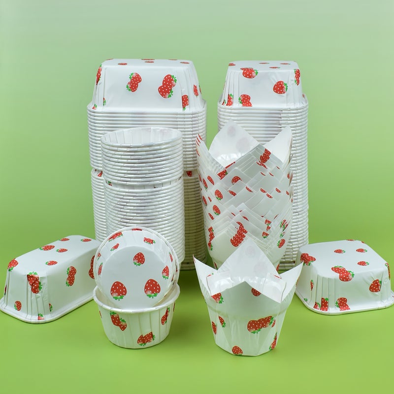 Strawberry Patterned Food Grade Cake Paper Cups 50pcs Rectangle - Image 2
