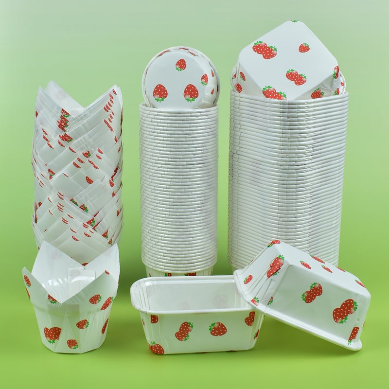 Strawberry Patterned Food Grade Cake Paper Cups 50pcs Rectangle - Image 1