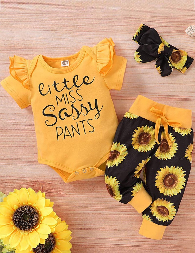 Yvowming 12 18 Month Girl Clothes Infant Baby Girl Ruffle Romper Pants Headband Summer Outfits Set - Image 3