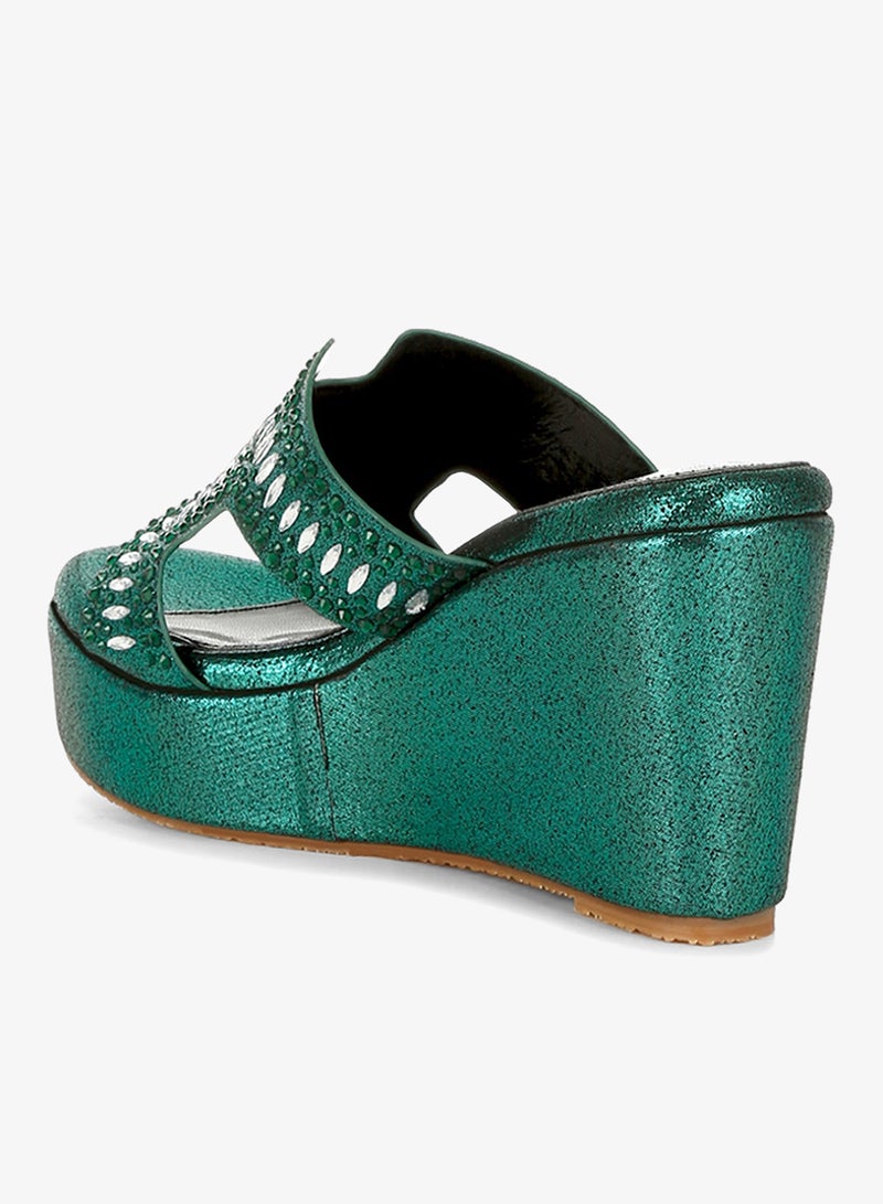 London Rag Diamante & Rhinestone Detail Cut-Out Sandals in Green - Image 4