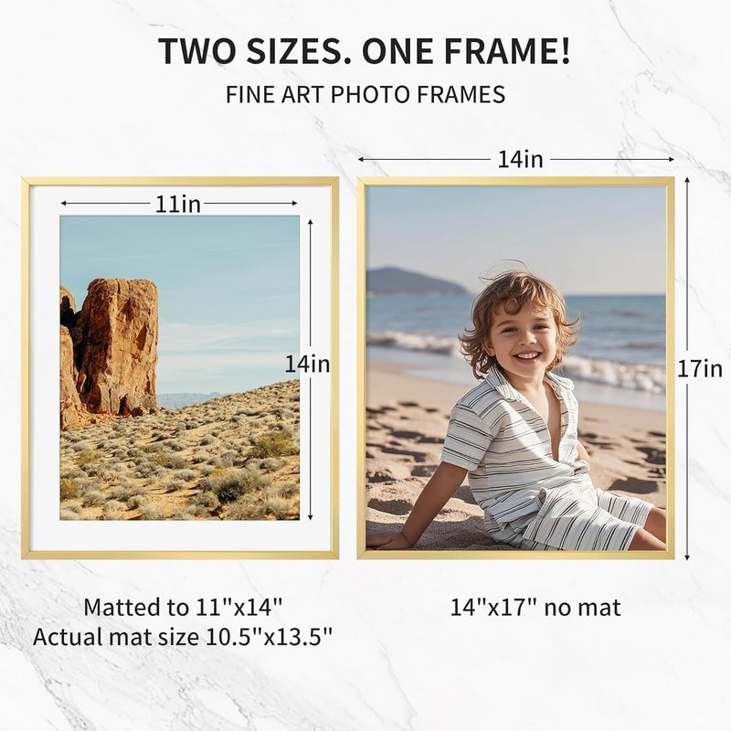 Fun Memories إطار صور معدني 14x17 مع حشوة 11x14، تشطيب ألومنيوم فرشاة، ملحقات تعليق مرفقة، وواجهة زجاج مقوى - إطارات عرض حائط متعددة الاستخدامات أفقية أو عمودية مجموعة من 1 - ذهبي - Image 3