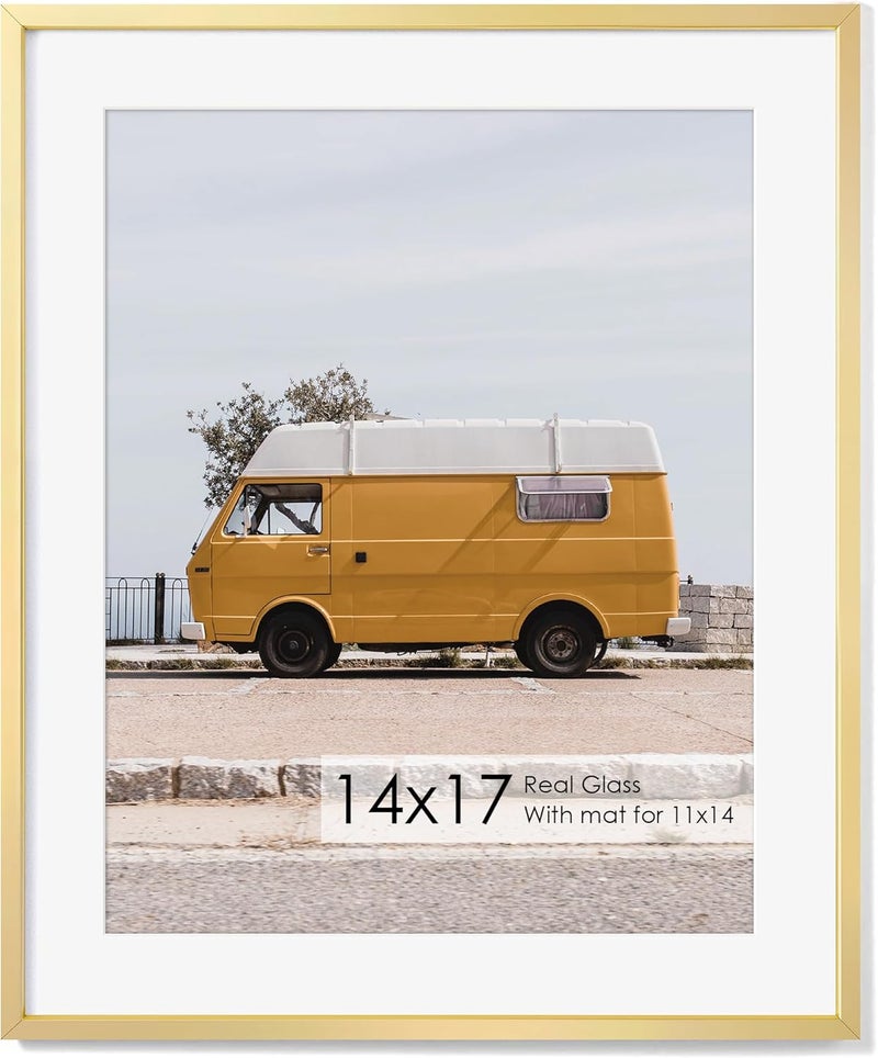 Fun Memories إطار صور معدني 14x17 مع حشوة 11x14، تشطيب ألومنيوم فرشاة، ملحقات تعليق مرفقة، وواجهة زجاج مقوى - إطارات عرض حائط متعددة الاستخدامات أفقية أو عمودية مجموعة من 1 - ذهبي - Image 1
