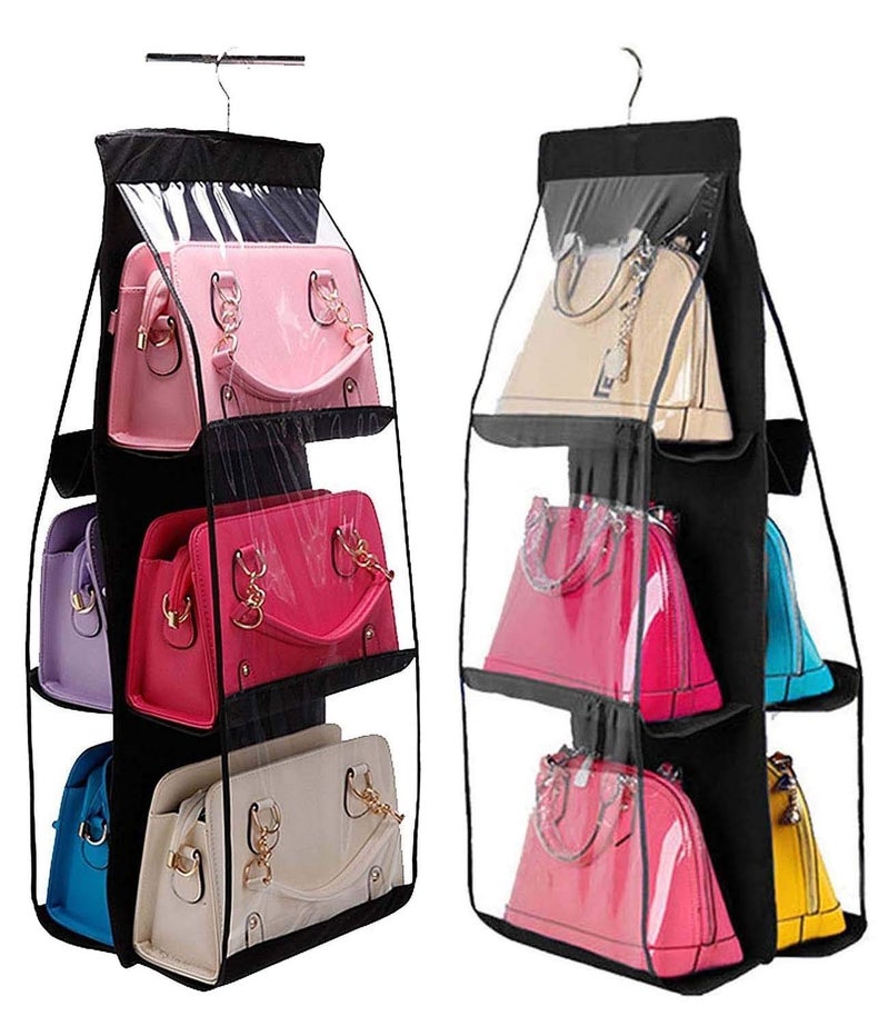 UNICRAFTS Purse Handbag Organizer 6 Pocket Foldable Large Clear Anti Dust Hanging Storage Bag Organizer with Hook Purse Hanger Storage Holder for Wardrobe Closet Organizer Pack of 2 Black - Image 4