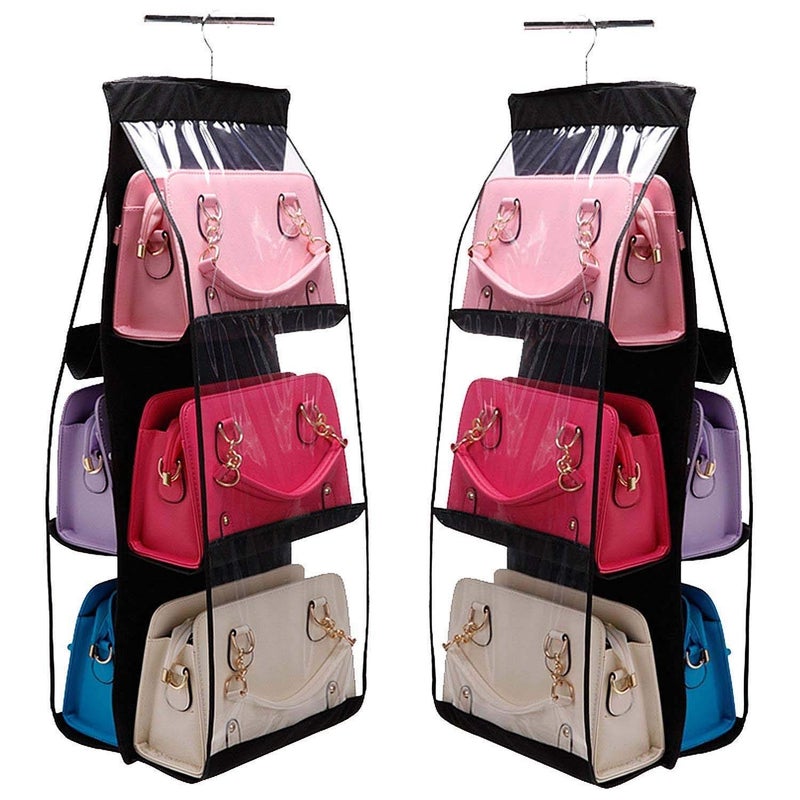 UNICRAFTS Purse Handbag Organizer 6 Pocket Foldable Large Clear Anti Dust Hanging Storage Bag Organizer with Hook Purse Hanger Storage Holder for Wardrobe Closet Organizer Pack of 2 Black - Image 1