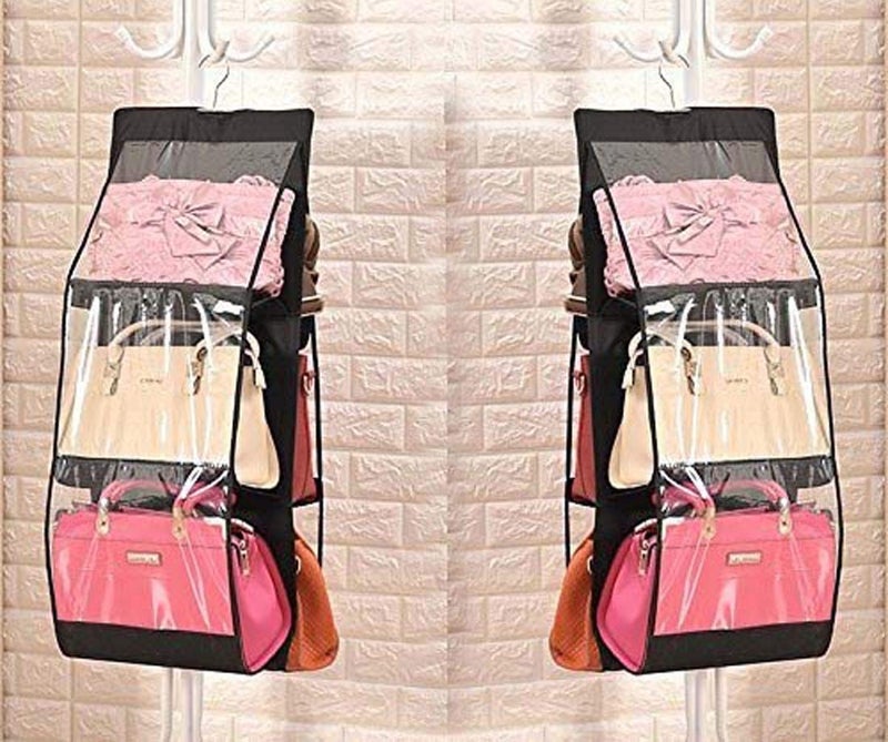 UNICRAFTS Purse Handbag Organizer 6 Pocket Foldable Large Clear Anti Dust Hanging Storage Bag Organizer with Hook Purse Hanger Storage Holder for Wardrobe Closet Organizer Pack of 2 Black - Image 2
