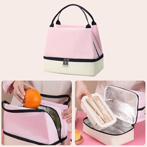 XBEY Oxford Cloth, Aluminum Foil, Pearl Cotton Insulated Lunch Box,Double-Layer Lunch Tote - Double-Layer Lunch Bag Insulated Hot Cold Travel Lunch Bag Food Storage Bag with Handle (Pink), 2 Liter - Image 4