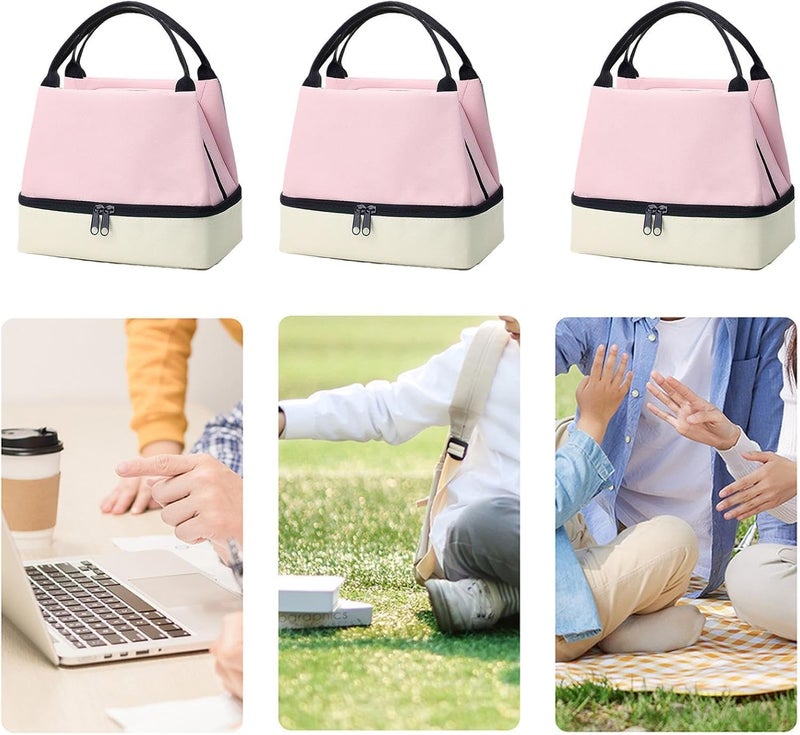 XBEY Oxford Cloth, Aluminum Foil, Pearl Cotton Insulated Lunch Box,Double-Layer Lunch Tote - Double-Layer Lunch Bag Insulated Hot Cold Travel Lunch Bag Food Storage Bag with Handle (Pink), 2 Liter - Image 3