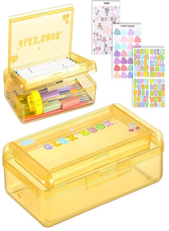 Fainne Double Layer Pencil Box with 3 Sheet Stickers Large Capacity Plastic Pencil Case Back to School Supplies Hard Shell Crayon Box Organizer for Gel Pens Erasers Sew Art Craft Supplies (Yellow) - Image 1