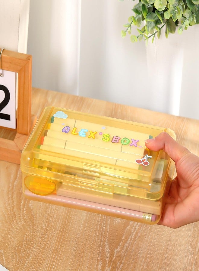 Fainne Double Layer Pencil Box with 3 Sheet Stickers Large Capacity Plastic Pencil Case Back to School Supplies Hard Shell Crayon Box Organizer for Gel Pens Erasers Sew Art Craft Supplies (Yellow) - Image 5
